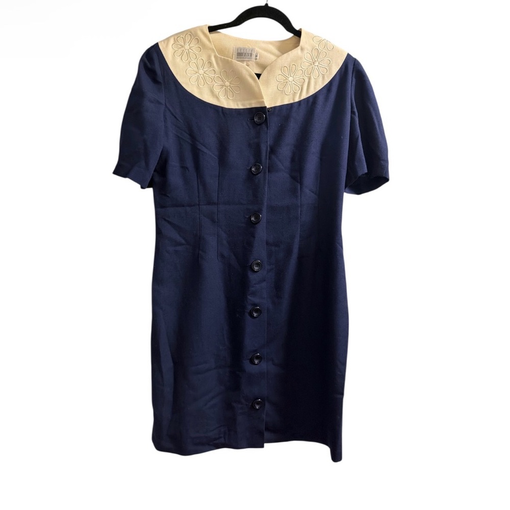 Leslie Fay Navy Mini Dress with Cream Embroidered Collar size 8